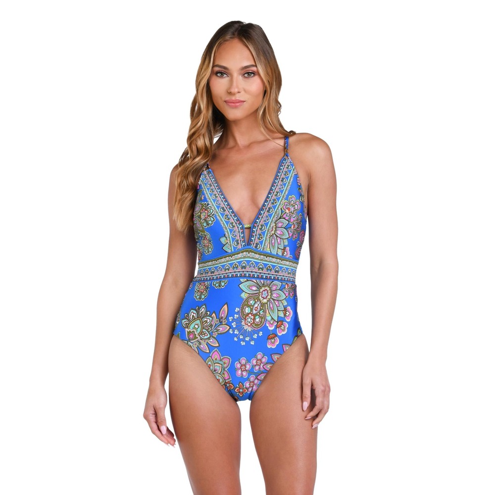 NWOT La Blanca Plunge Mio One Piece Swimsuit Pacific Blue Beatnik Blossoms 12